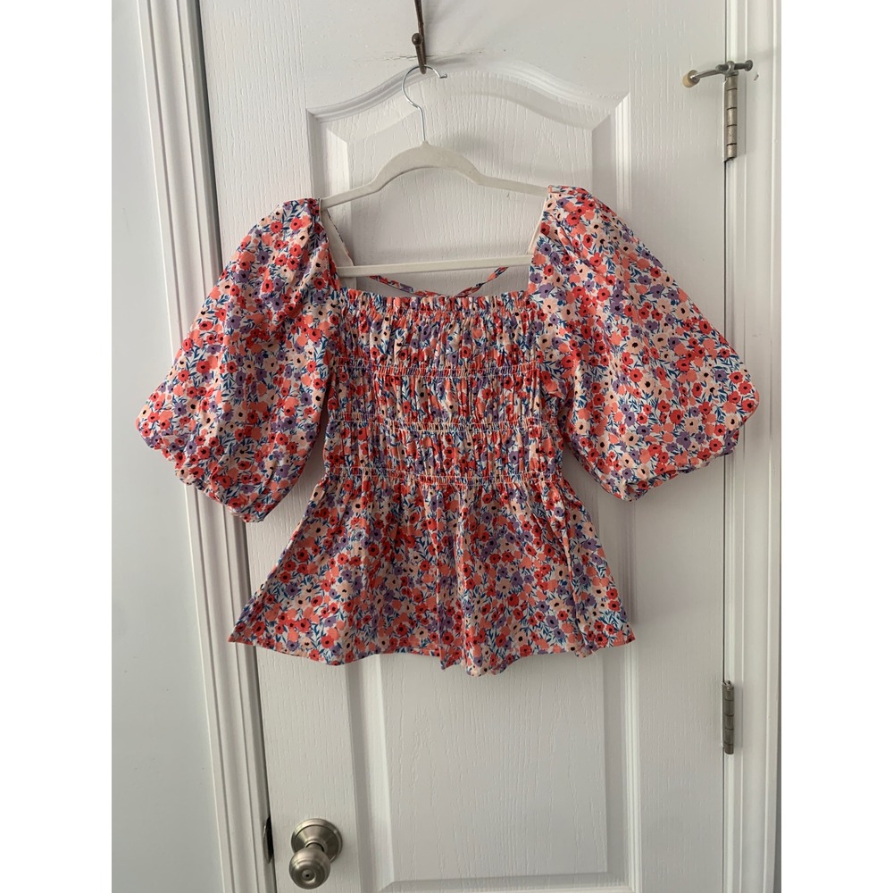 Love Notes Floral Smocked Puff Sleeve Peplum Top Cotton M Cottagecore Red Purple